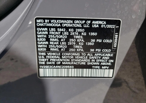 Volkswagen Atlas cena 109000 przebieg: 57641, rok produkcji 2022 z Radzymin małe 79